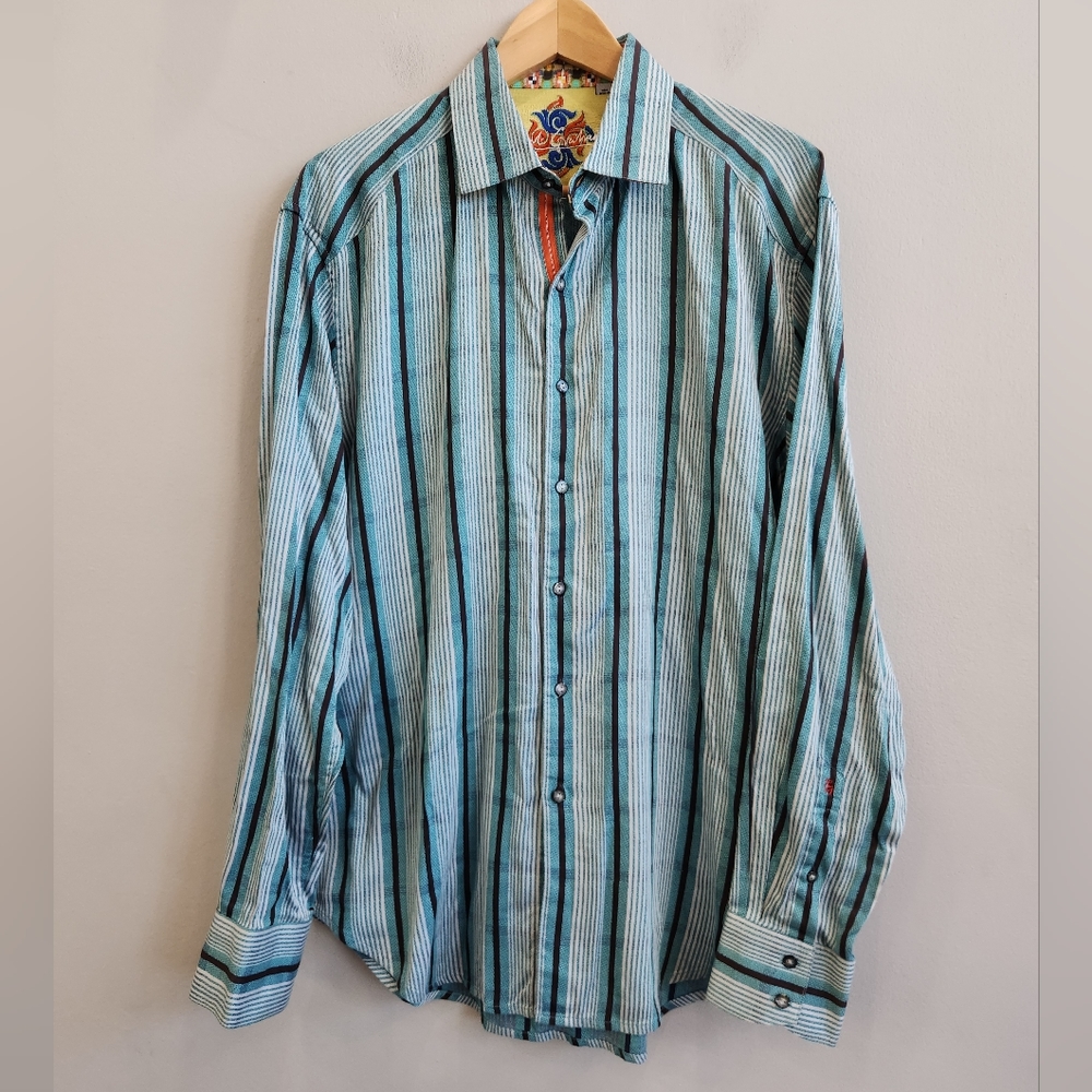 Robert Graham Barbados Blue Teal Striped Button Shirt Men's Size Large